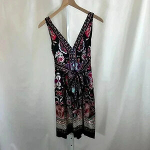 eci Size 6 Silk Dress Black Floral Tank V Neck Multicolor